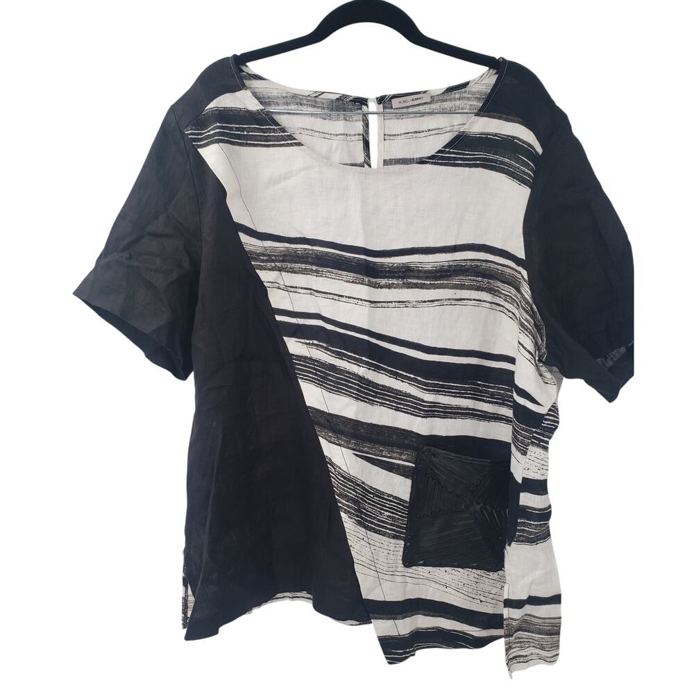 FIORELLA RUBINO 100% Linen Black and White Short Sleeve Top Womens Size 18